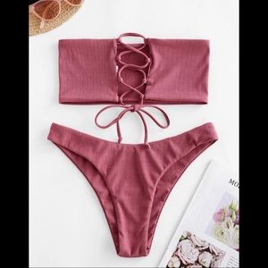 Zaful Pink Lace-up Bandeau Bikini